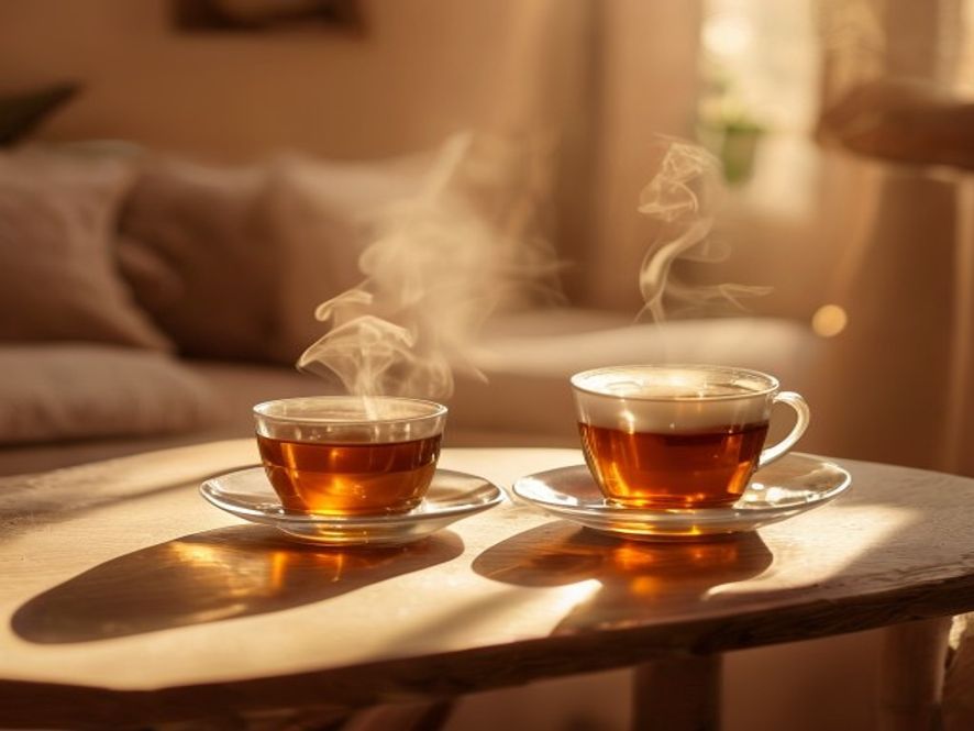 Two people sharing a warm drink and conversation by a table